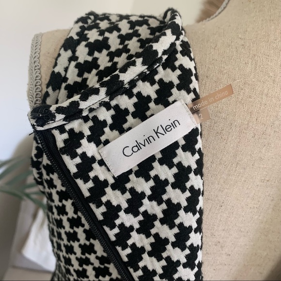 Calvin Klein Black White Houndstooth Belted Sleeveless Fit & Flare Work Dress 2 - Picture 6 of 12